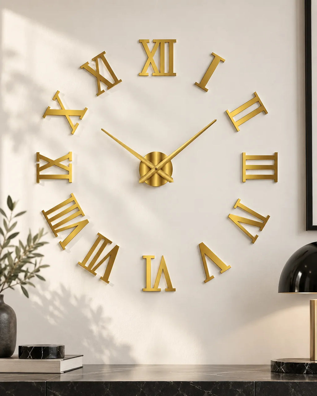 Grande Horloge Murale DIY Miroir Chiffres Romains Silencieuse
