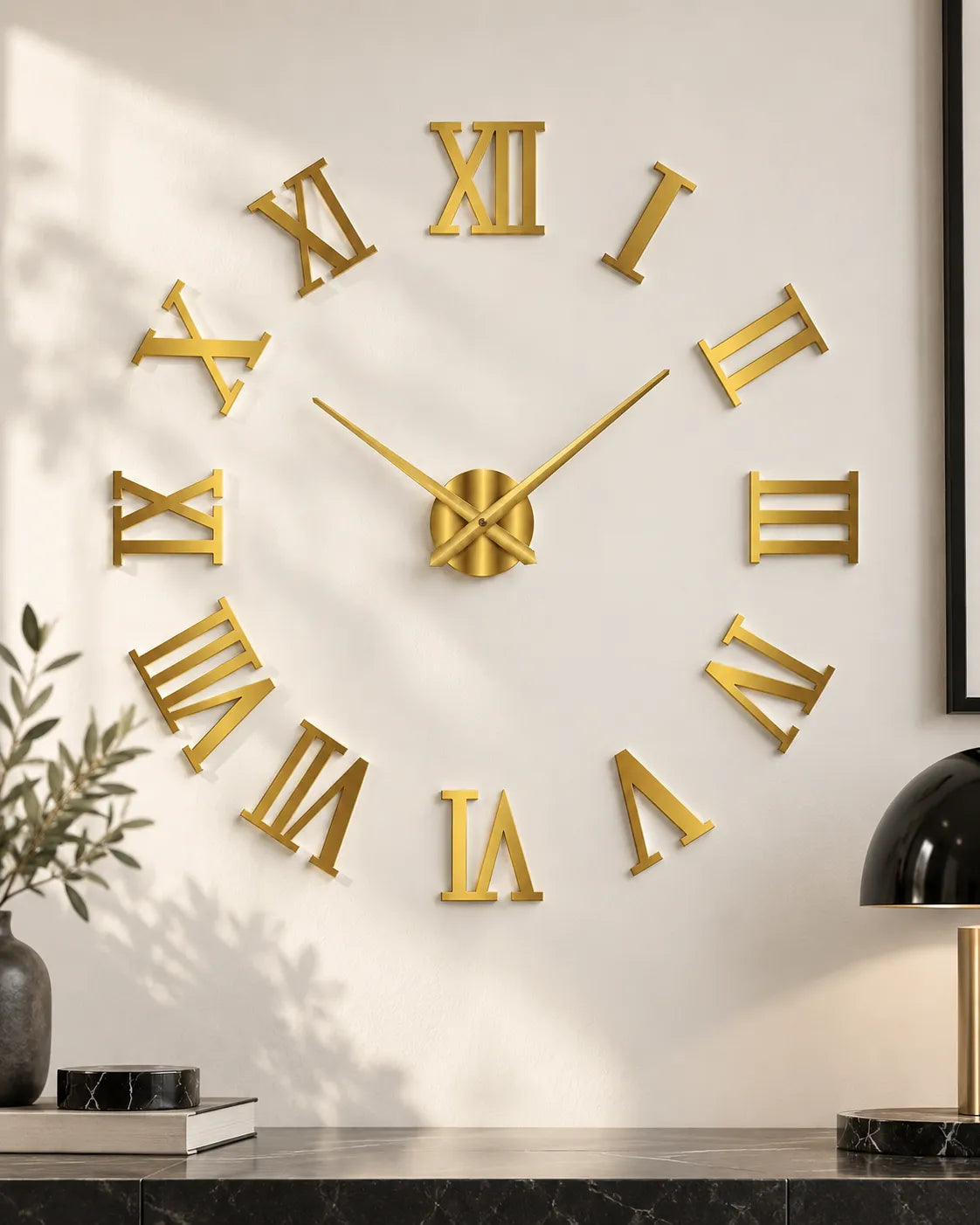 Grande Horloge Murale DIY Miroir Chiffres Romains Silencieuse