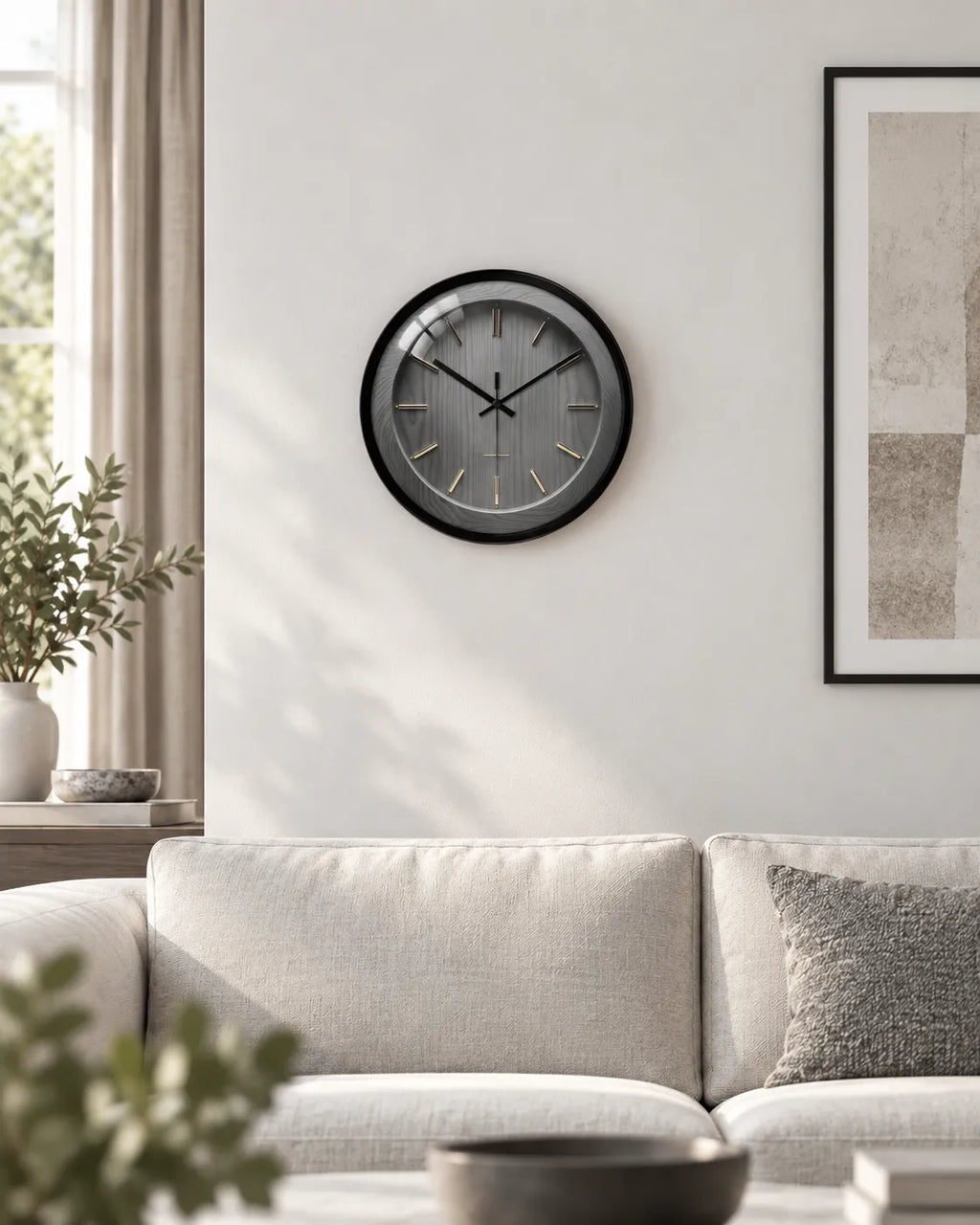 Horloge Murale Effet Bois Gris et Laiton Silencieuse