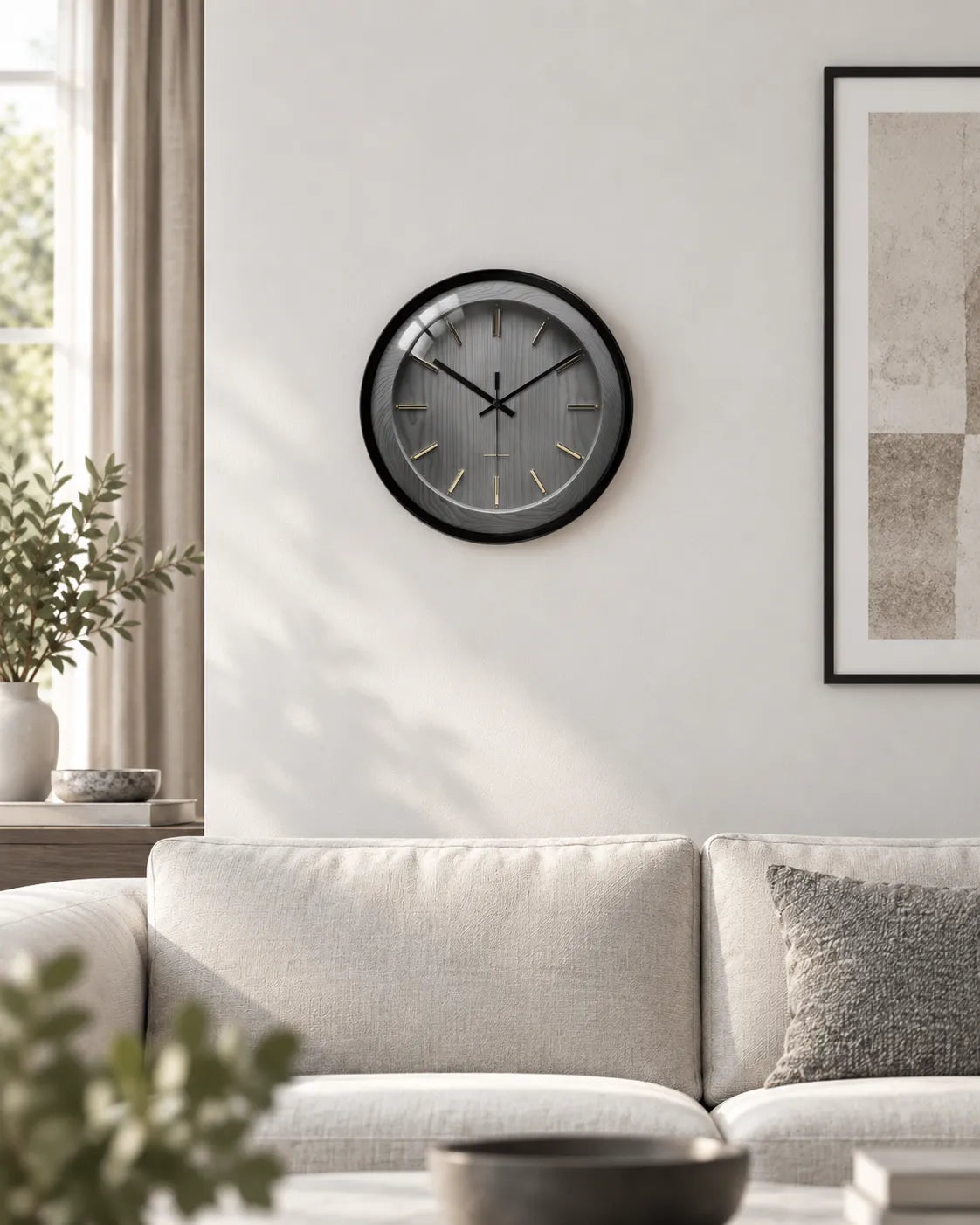 Horloge Murale Effet Bois Gris et Laiton Silencieuse