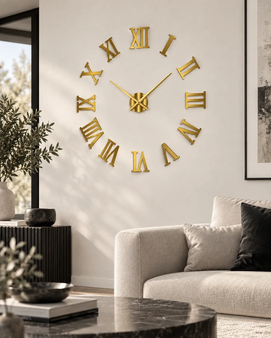Grande Horloge Murale DIY Miroir Chiffres Romains Silencieuse