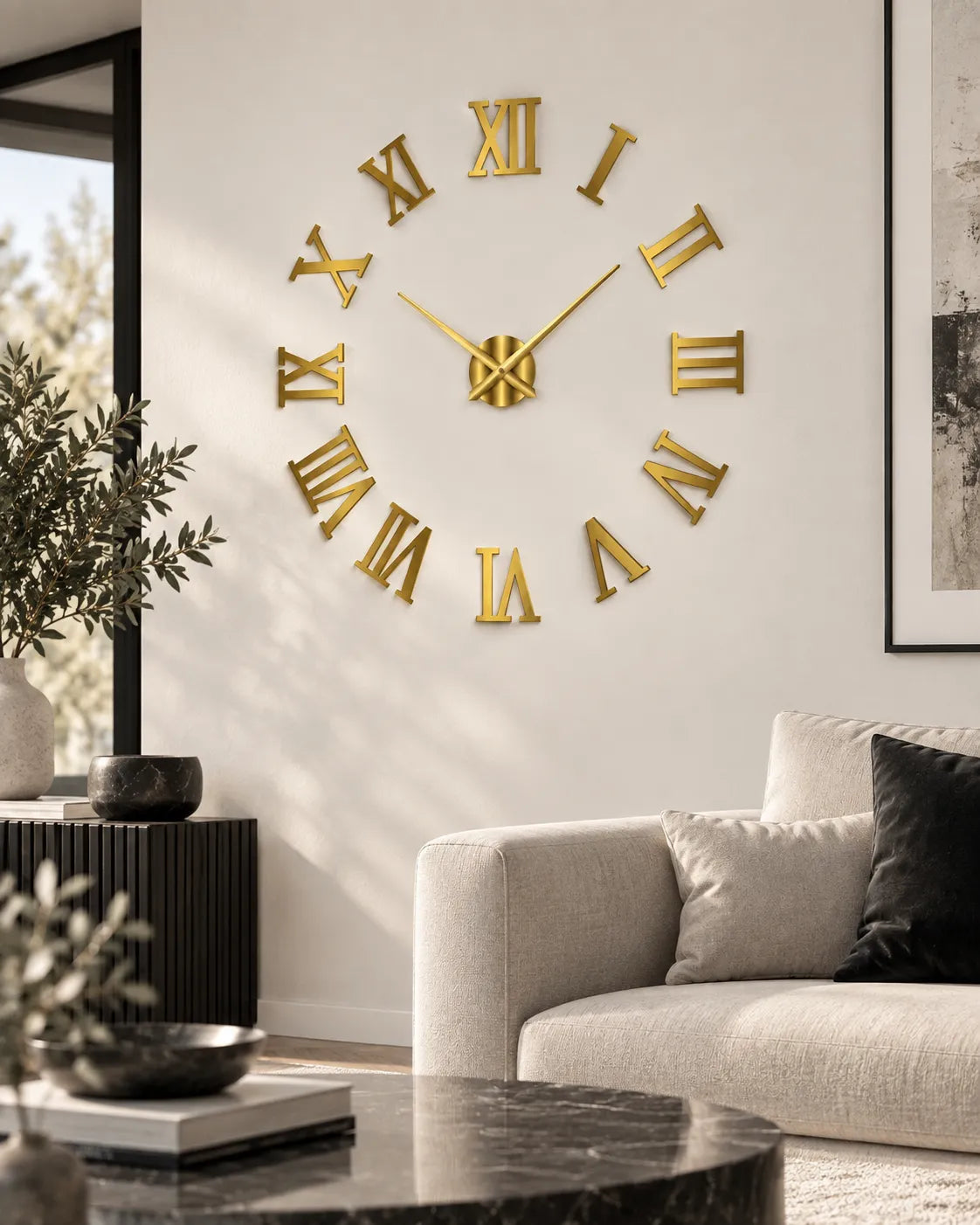 Grande Horloge Murale DIY Miroir Chiffres Romains Silencieuse