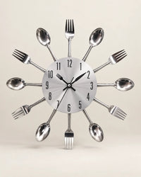 Horloge Murale Cuisine Couverts en Métal Argenté 32 cm Silencieuse