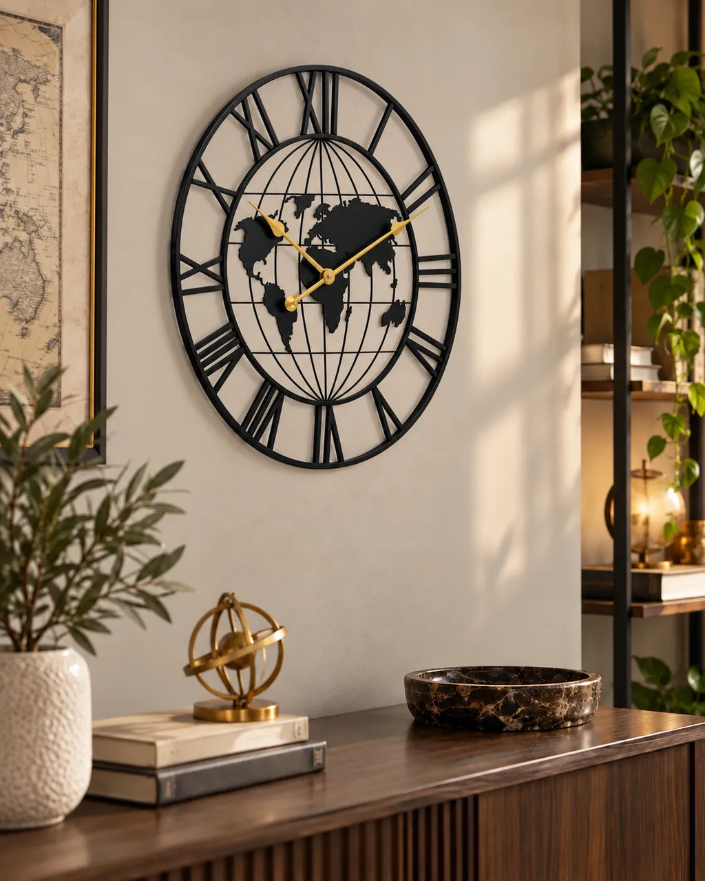 Horloge Murale Métal Noir Motif Carte Silencieuse — 2 Tailles