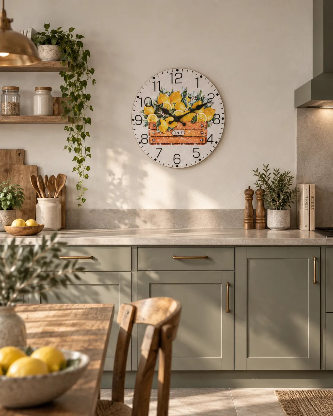 Horloge Murale Bois Citrons Jaunes Silencieuse