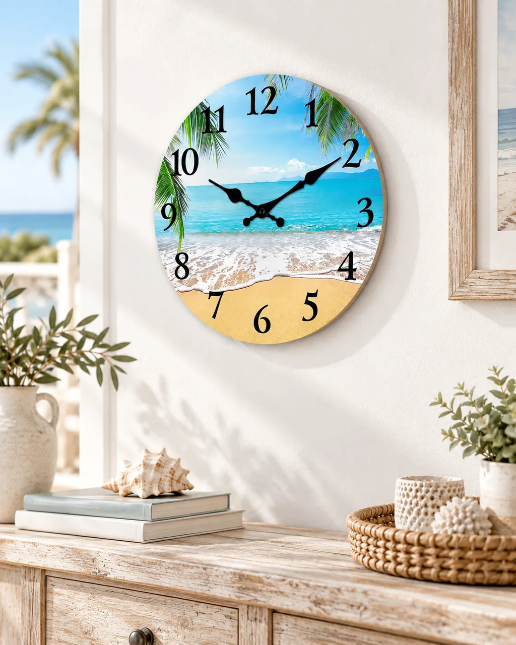 Horloge Murale Bois Motif Plage Silencieuse — 4 Tailles