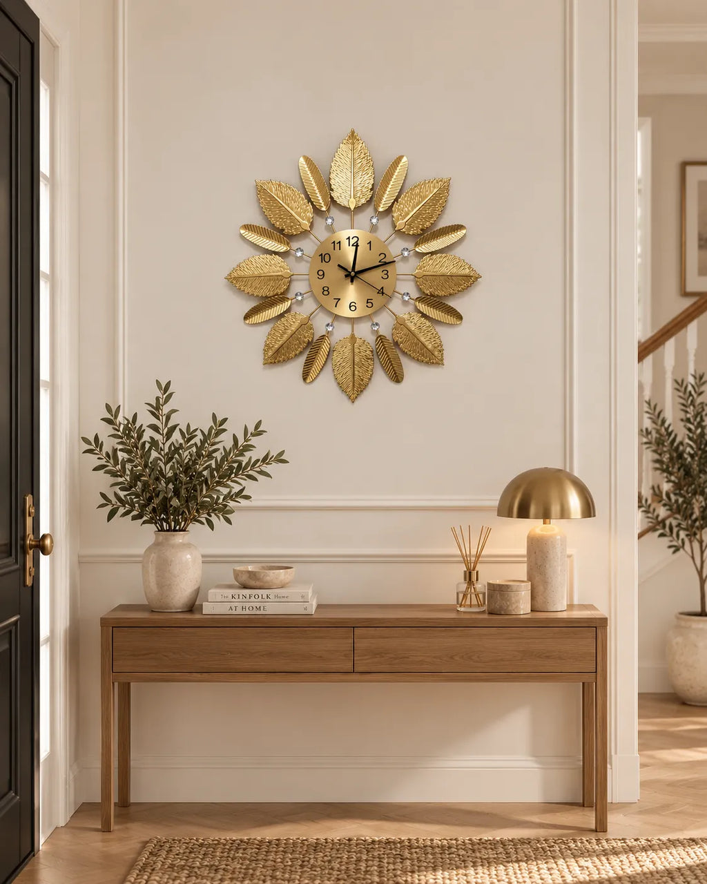 Horloge Murale Feuilles Métal Doré 53 cm Silencieuse