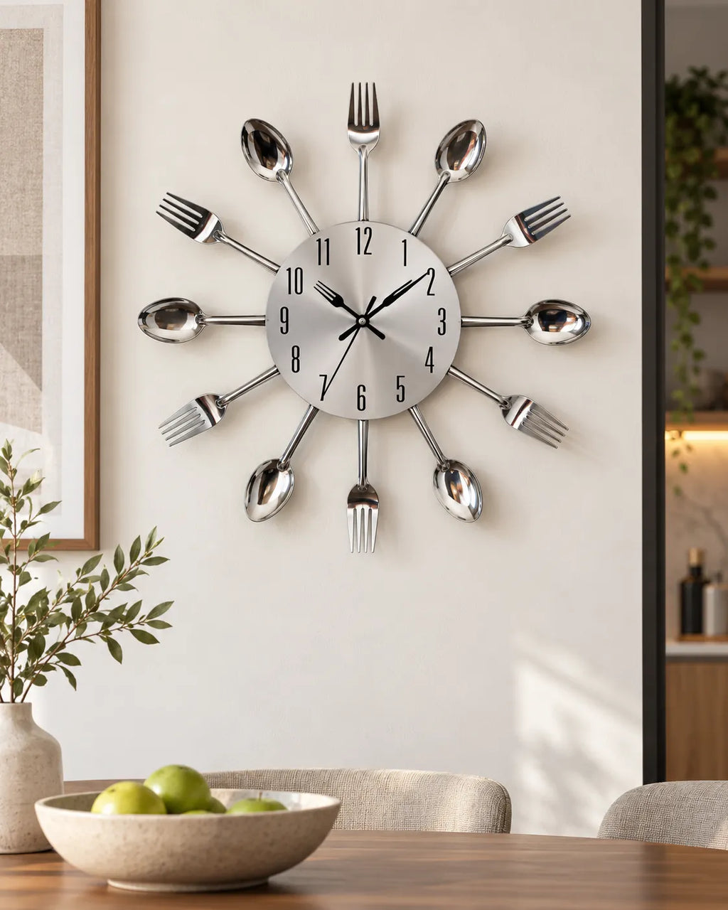Horloge Murale Cuisine Couverts en Métal Argenté 32 cm Silencieuse