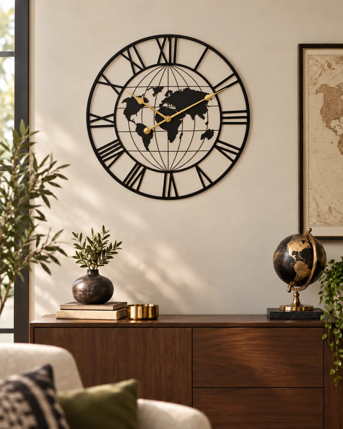 Horloge Murale Métal Noir Motif Carte Silencieuse — 2 Tailles