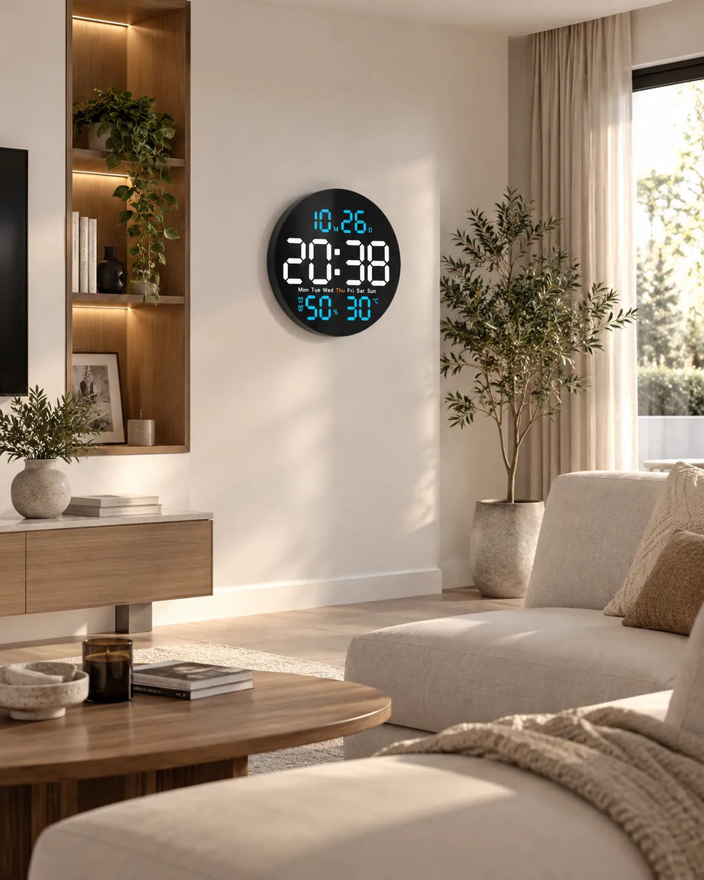Horloge Murale LED Ronde 25 cm Double Alarme et Calendrier