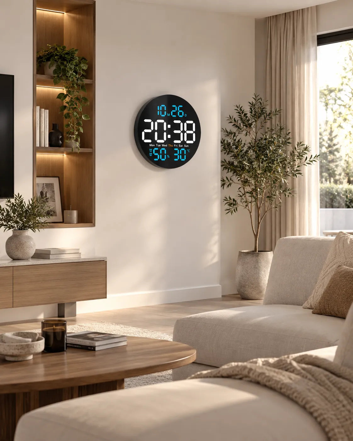 Horloge Murale LED Ronde 25 cm Double Alarme et Calendrier