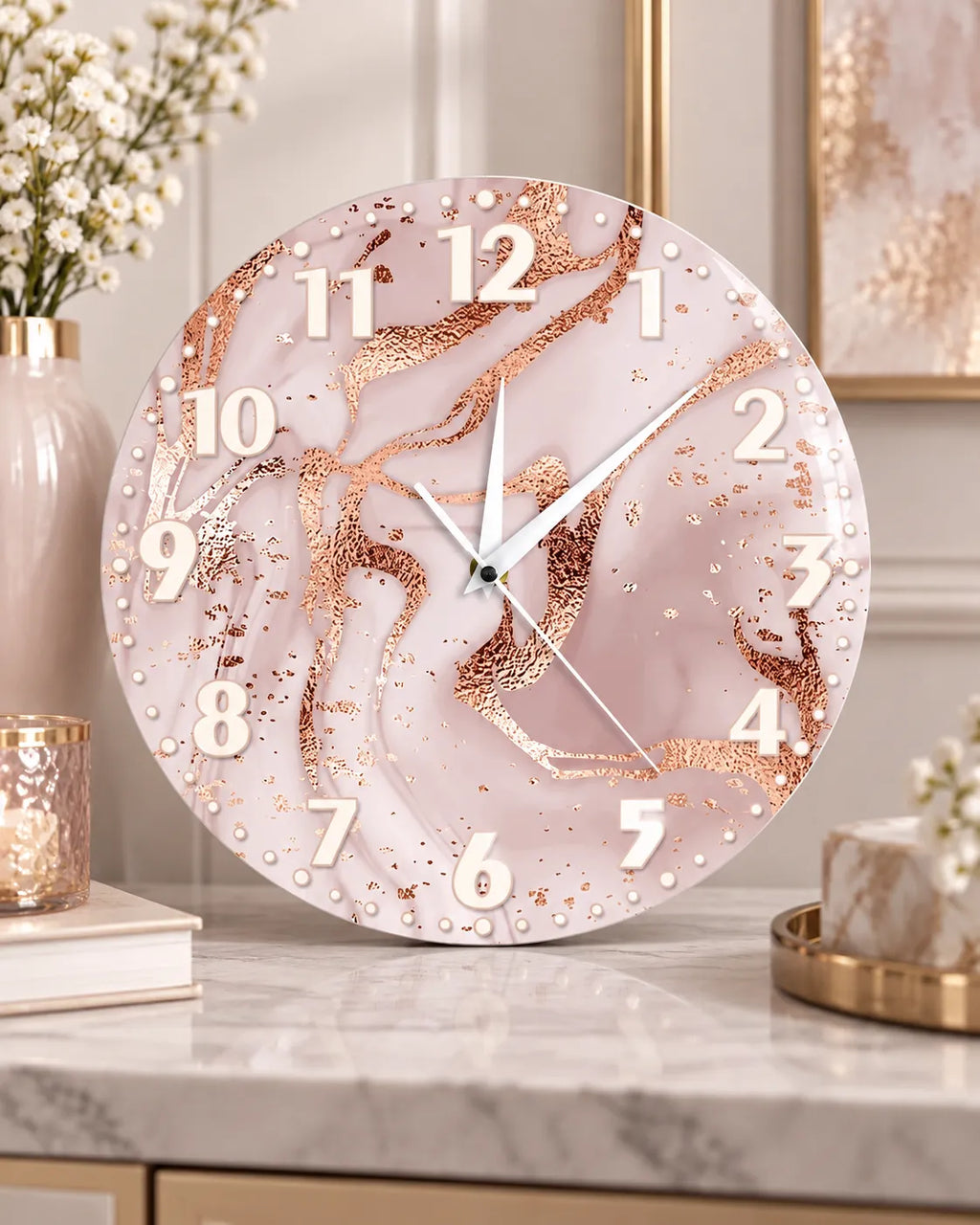 Horloge Murale Acrylique Effet Marbre Rose et Or Rose 30 cm Silencieuse