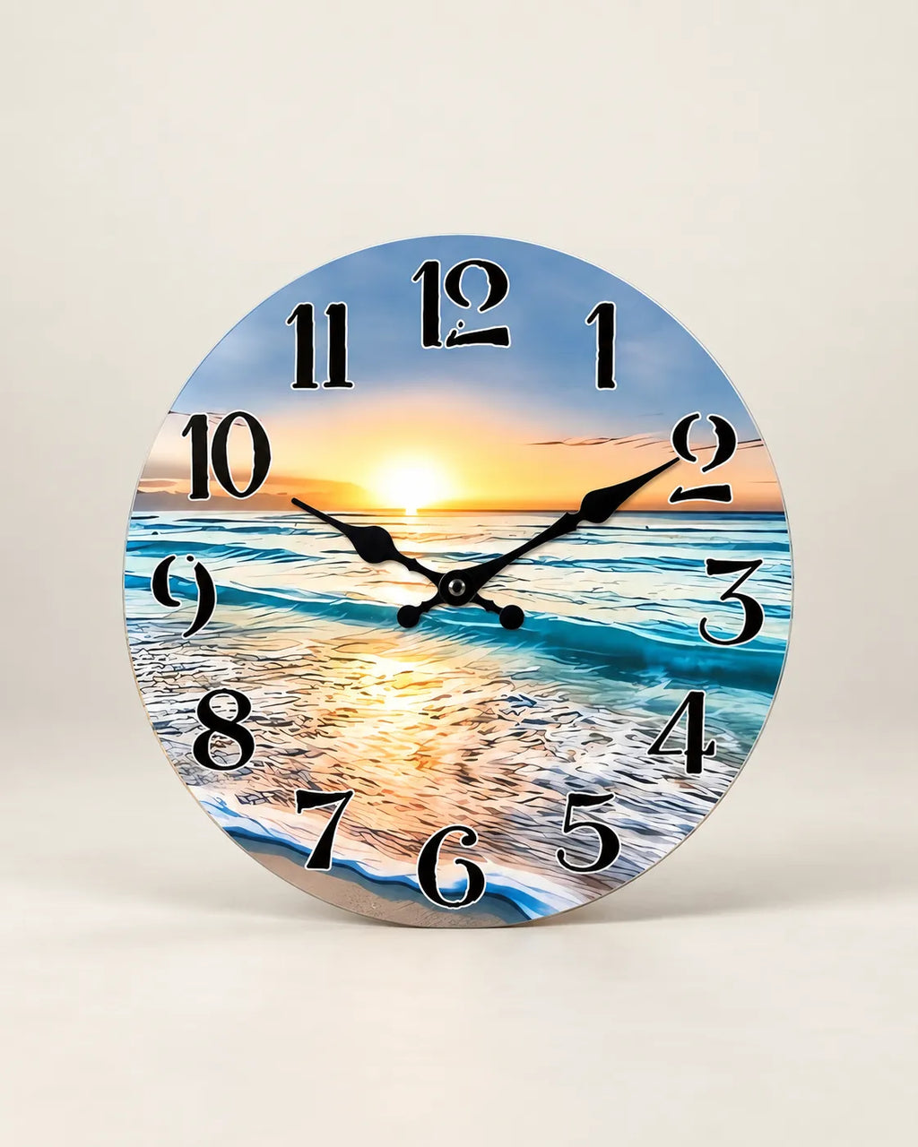 Horloge Murale Bois Coucher de Soleil sur Mer Silencieuse — 4 Tailles