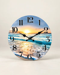 Horloge Murale Bois Coucher de Soleil sur Mer Silencieuse — 4 Tailles
