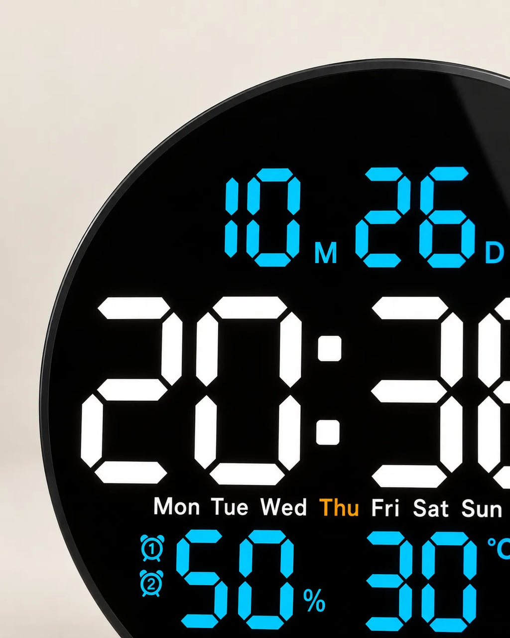 Horloge Murale LED Ronde 25 cm Double Alarme et Calendrier