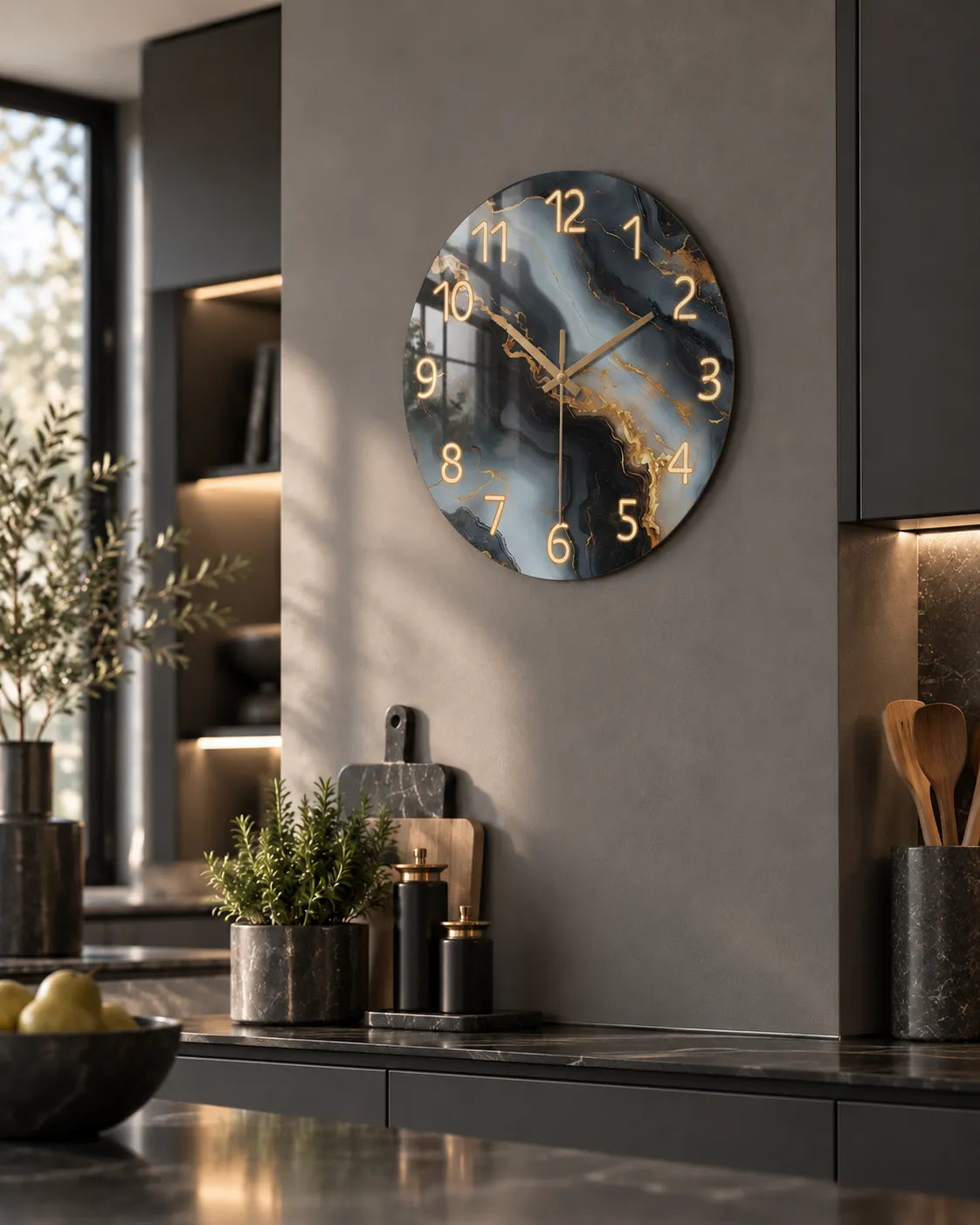 Horloge Murale Bois Effet Marbre Bleu et Or Silencieuse — 4 Tailles