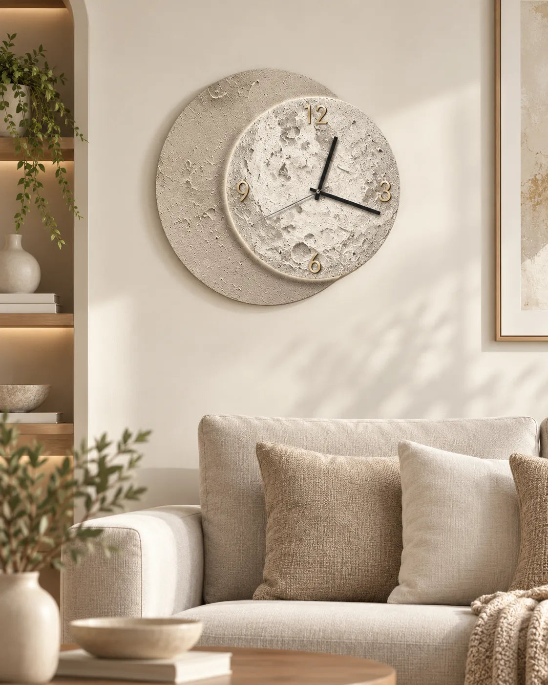 Horloge Murale Bois Lune Double Cercle 40 × 38 cm Silencieuse