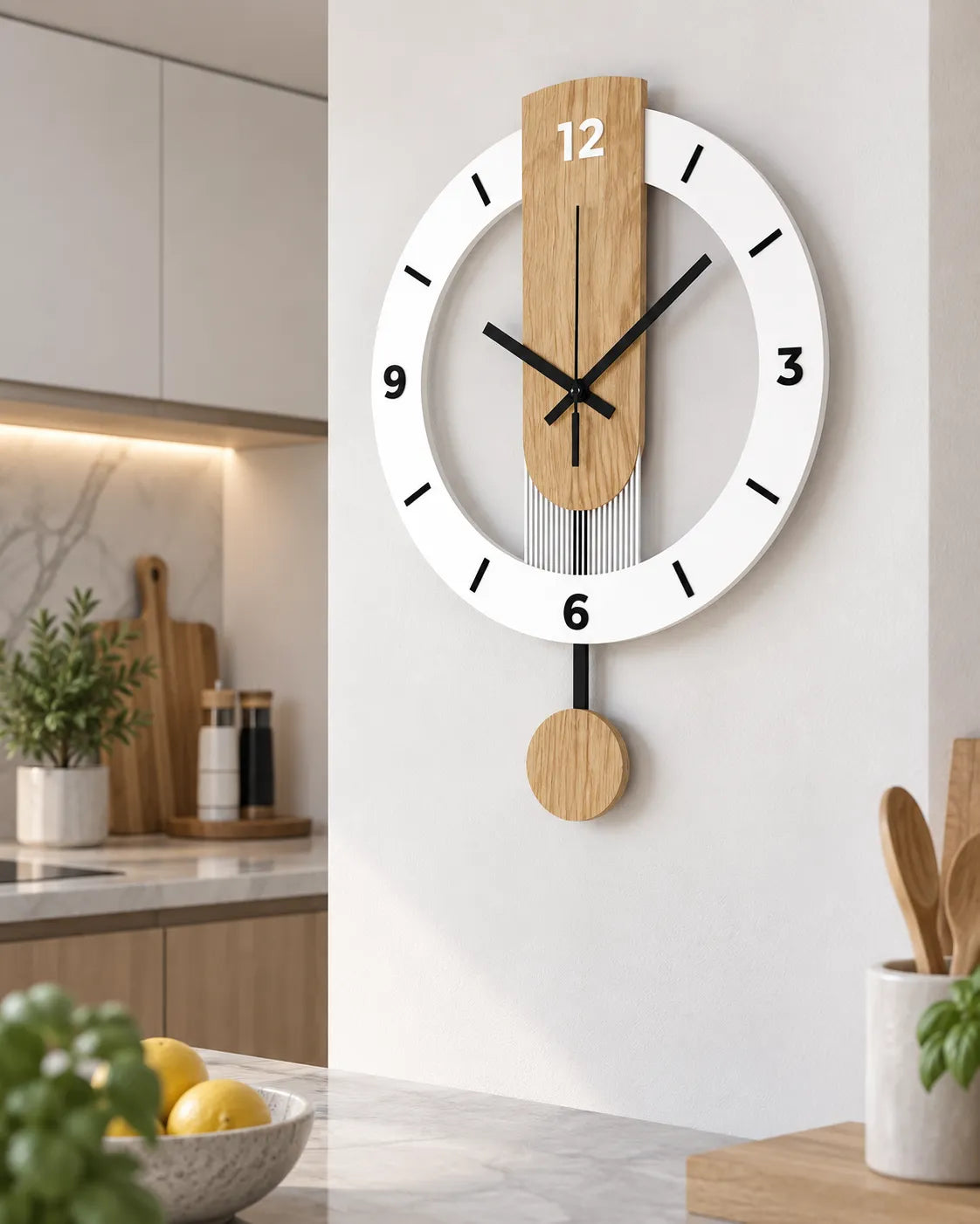 Horloge Murale à Balancier Acrylique Effet Bois Blanc 30 cm Silencieuse