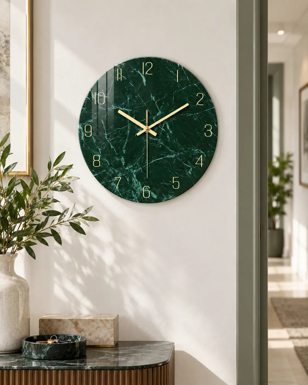 Horloge Murale Verre Trempé Effet Marbre Vert Foncé — 3 Tailles