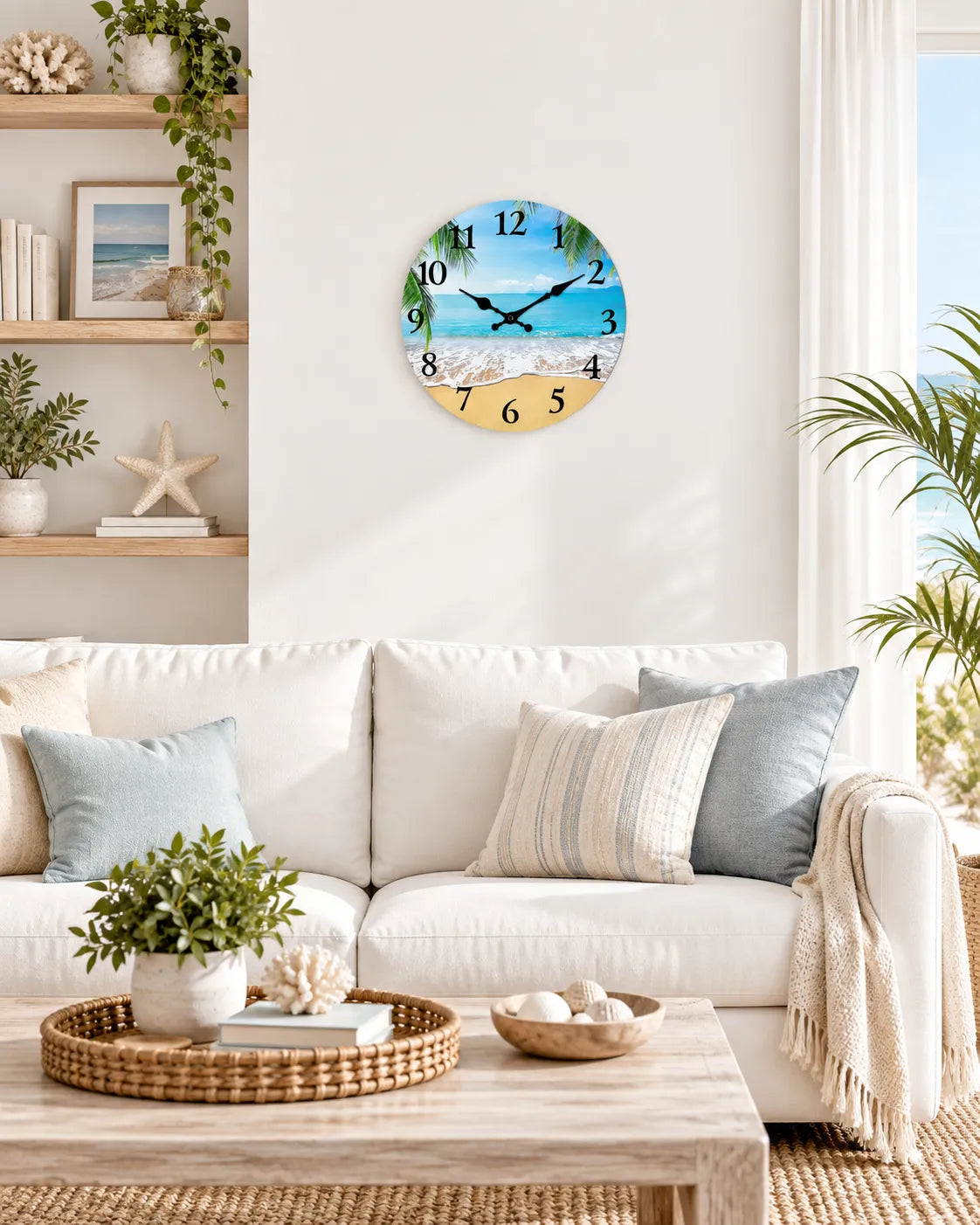Horloge Murale Bois Motif Plage Silencieuse — 4 Tailles