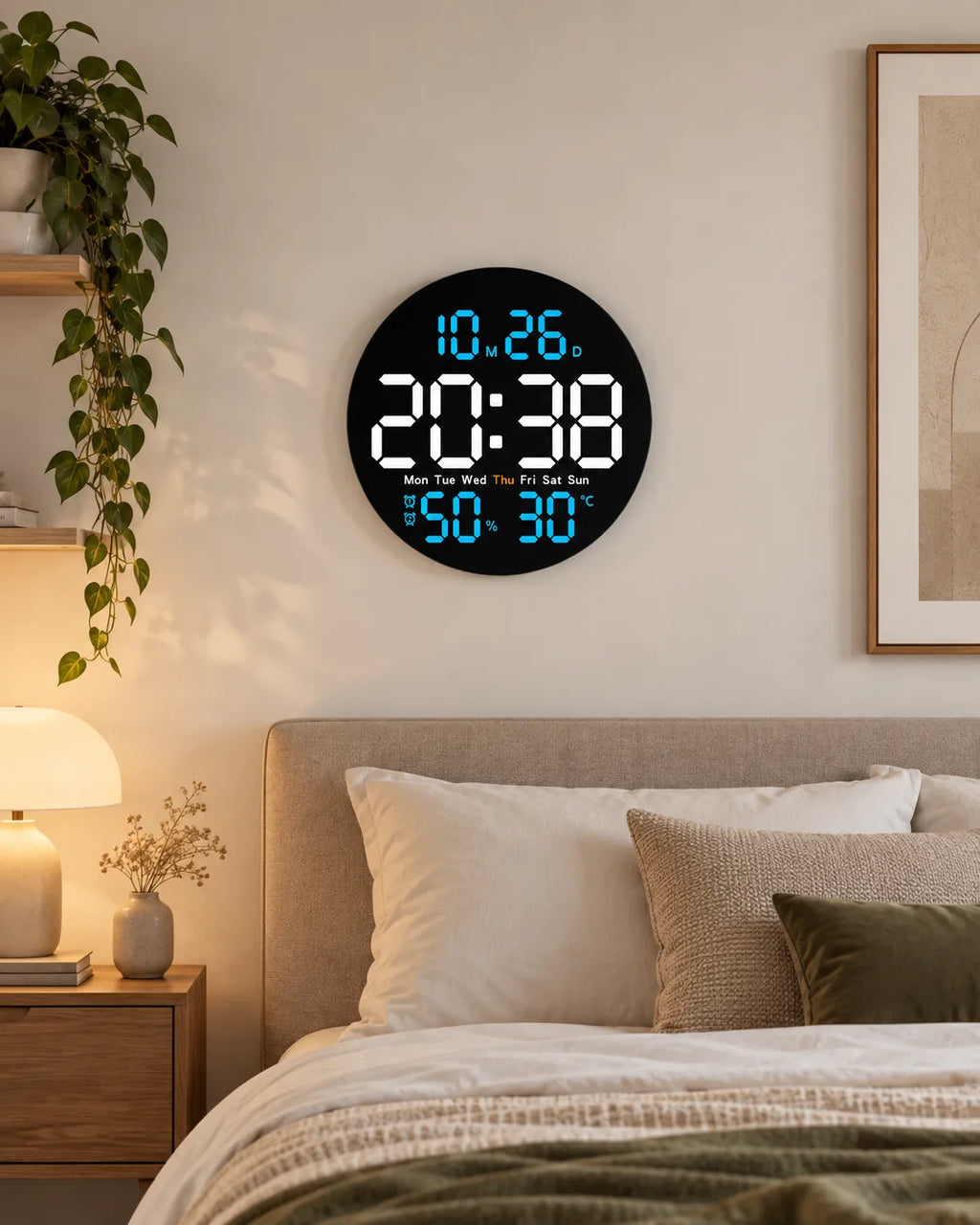 Horloge Murale LED Ronde 25 cm Double Alarme et Calendrier