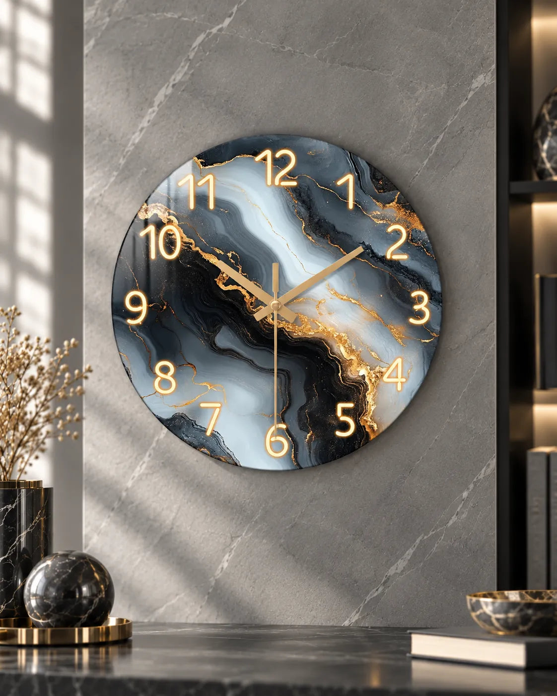 Horloge Murale Bois Effet Marbre Bleu et Or Silencieuse — 4 Tailles
