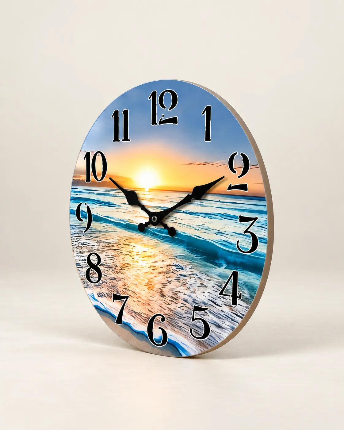 Horloge Murale Bois Coucher de Soleil sur Mer Silencieuse — 4 Tailles
