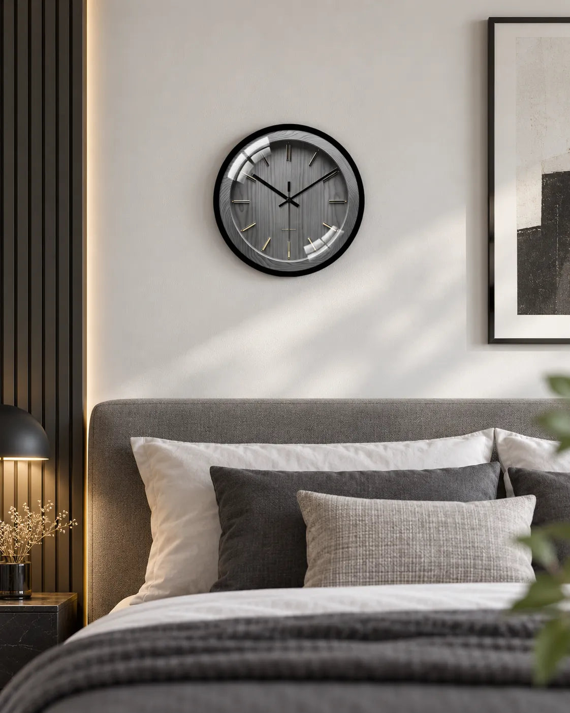 Horloge Murale Effet Bois Gris et Laiton Silencieuse