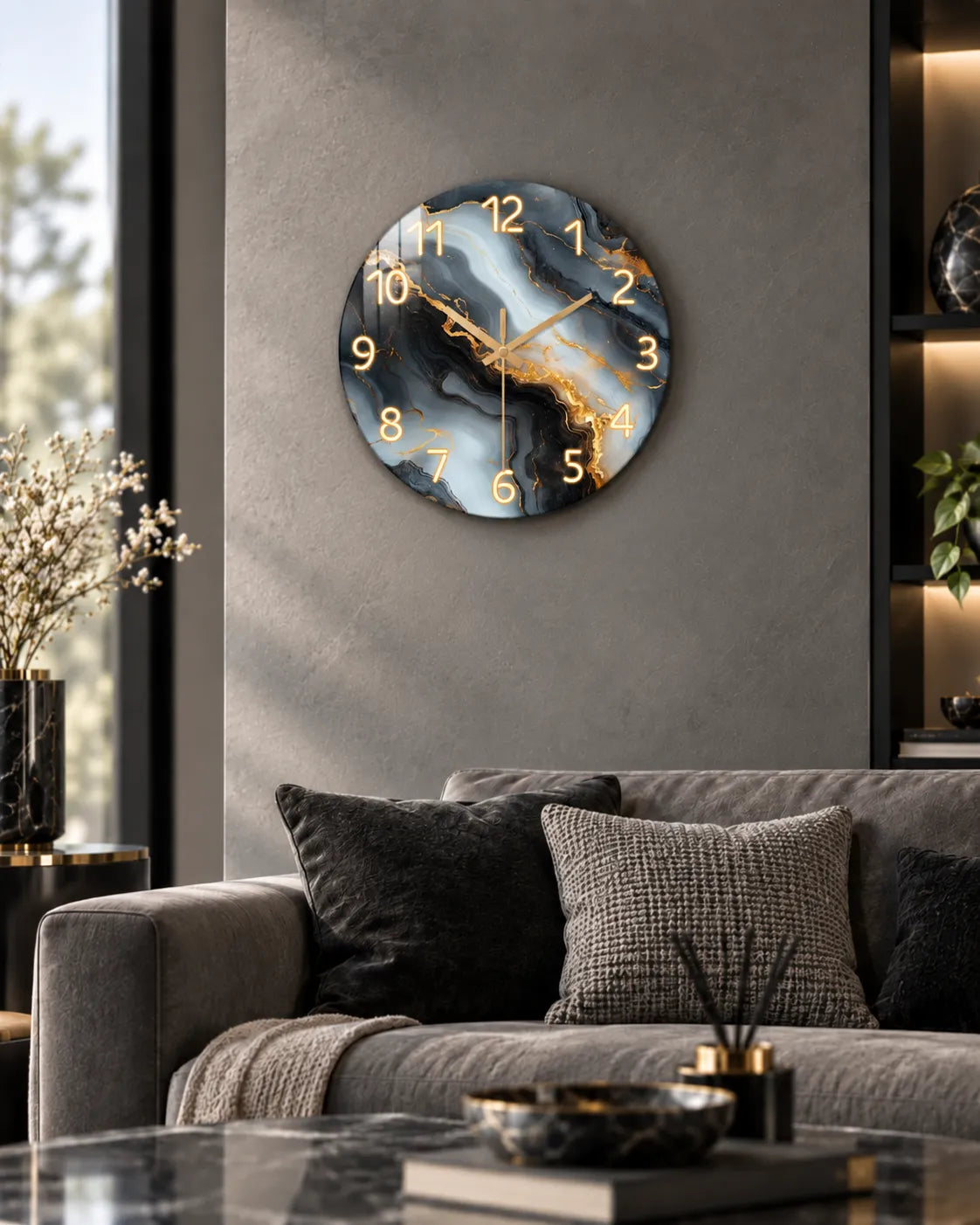 Horloge Murale Bois Effet Marbre Bleu et Or Silencieuse — 4 Tailles