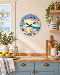 Horloge Murale Bois Coucher de Soleil sur Mer Silencieuse — 4 Tailles