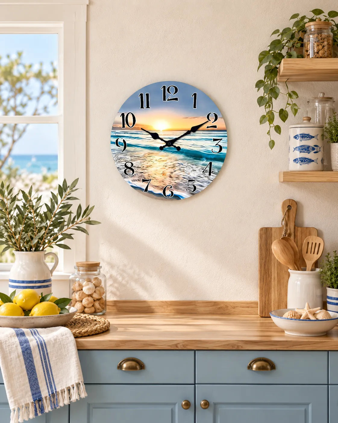 Horloge Murale Bois Coucher de Soleil sur Mer Silencieuse — 4 Tailles