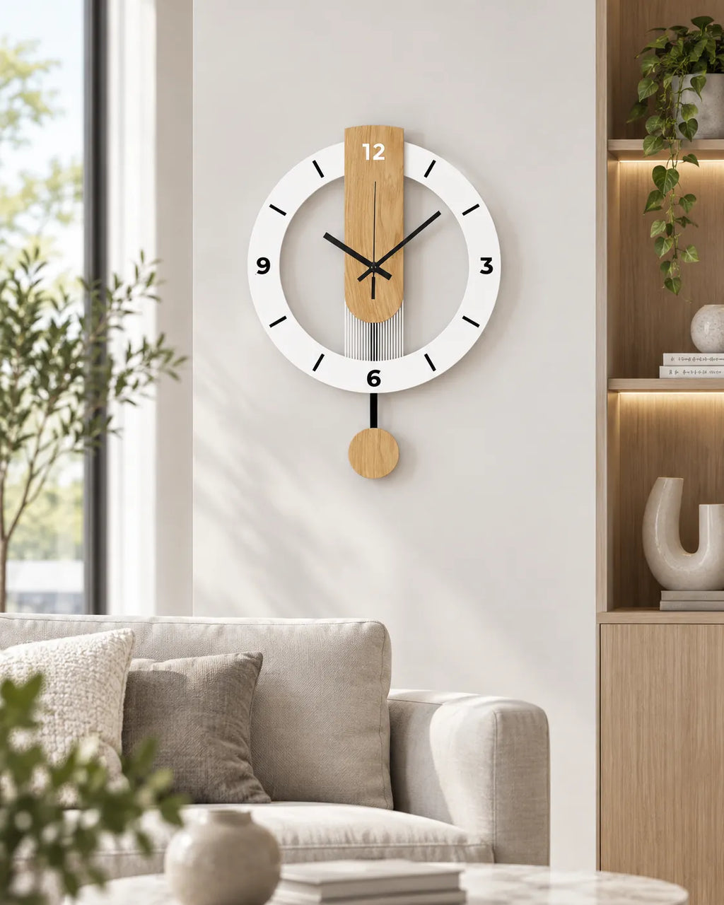 Horloge Murale à Balancier Acrylique Effet Bois Blanc 30 cm Silencieuse