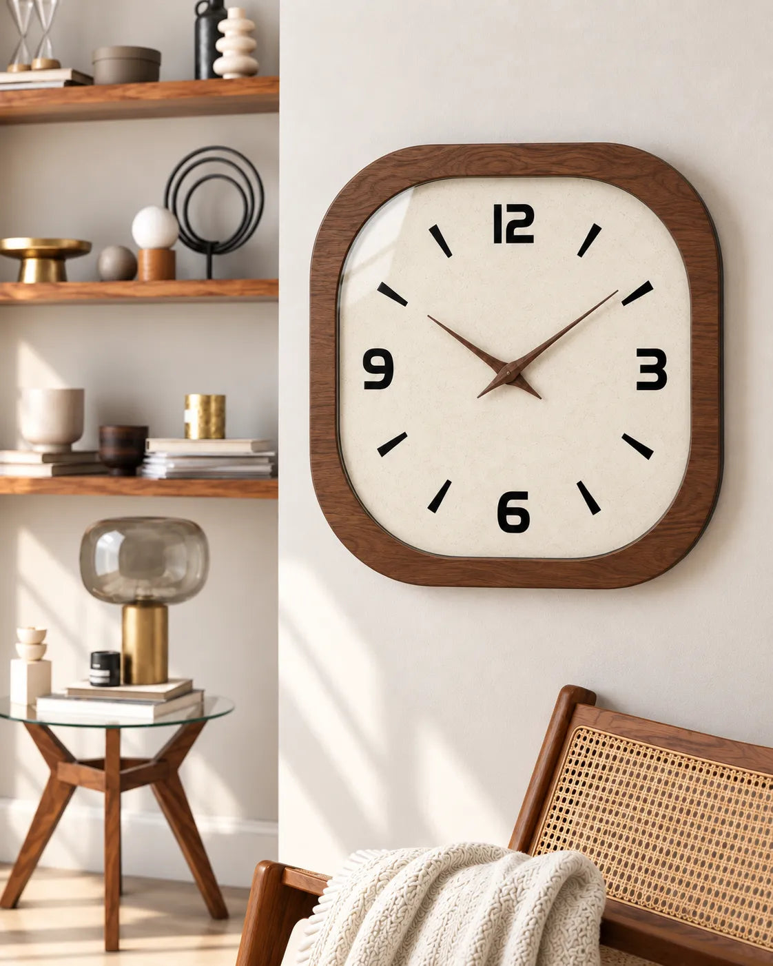 Horloge Murale Bois Carrée Crème Rétro Silencieuse — 3 Tailles