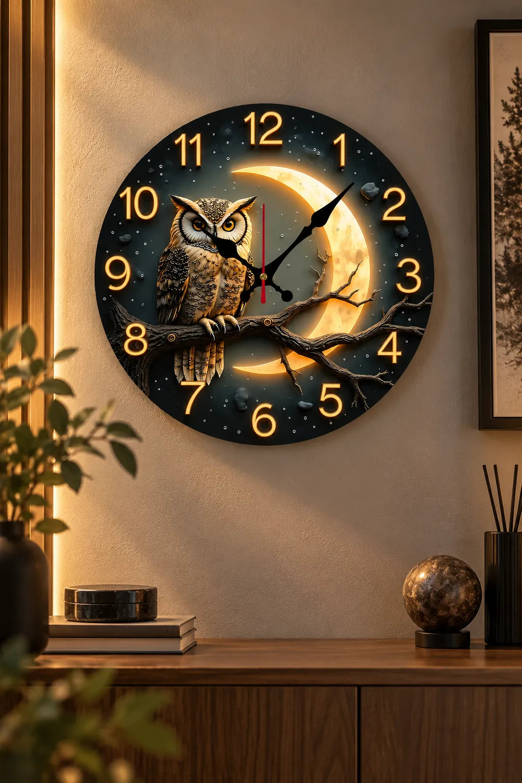 Horloge Murale Bois Motif Clair de Lune Silencieuse